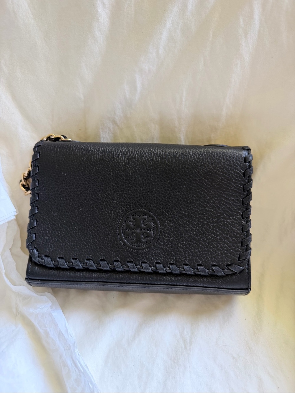 Tory Burch Black Whipstitch Crossbody with Chain Strap
